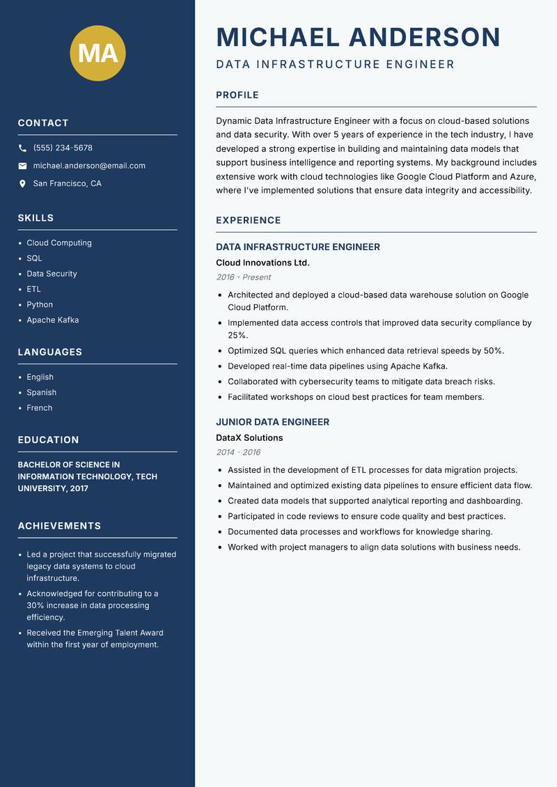 Data Infrastructure Engineer resume sample — Data Infrastructure Engineer focus