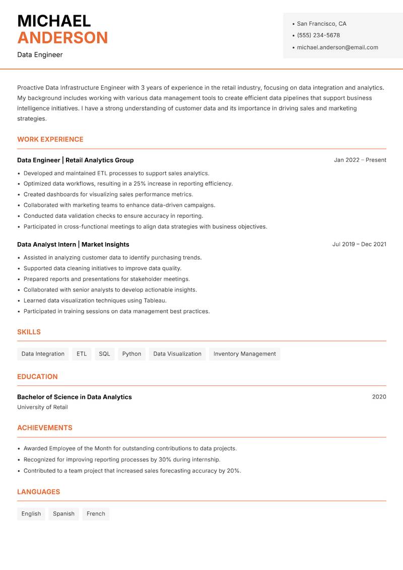 Data Infrastructure Engineer resume sample — Data Engineer focus