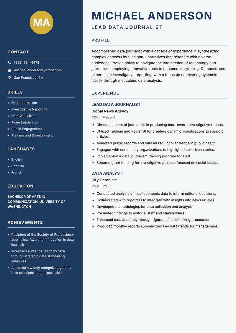 Data Journalist resume sample — Lead Data Journalist focus