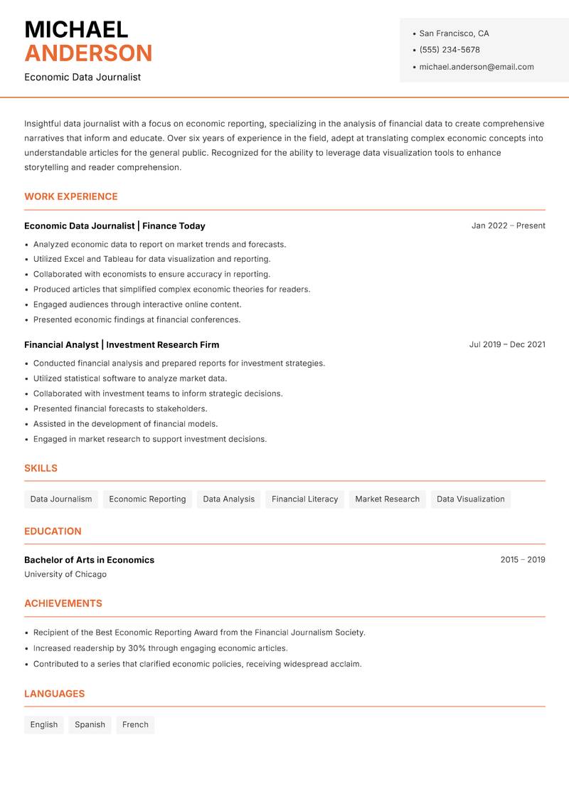 Data Journalist resume sample — Economic Data Journalist focus
