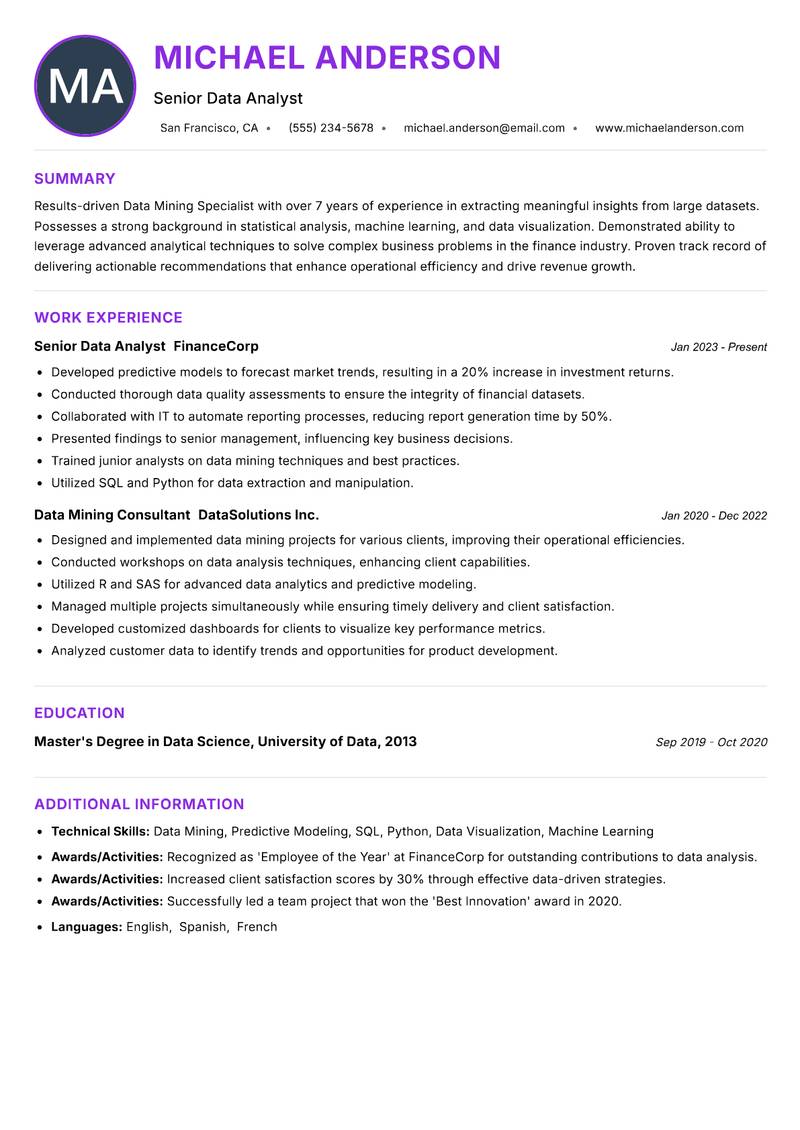 Data Mining Specialist resume example