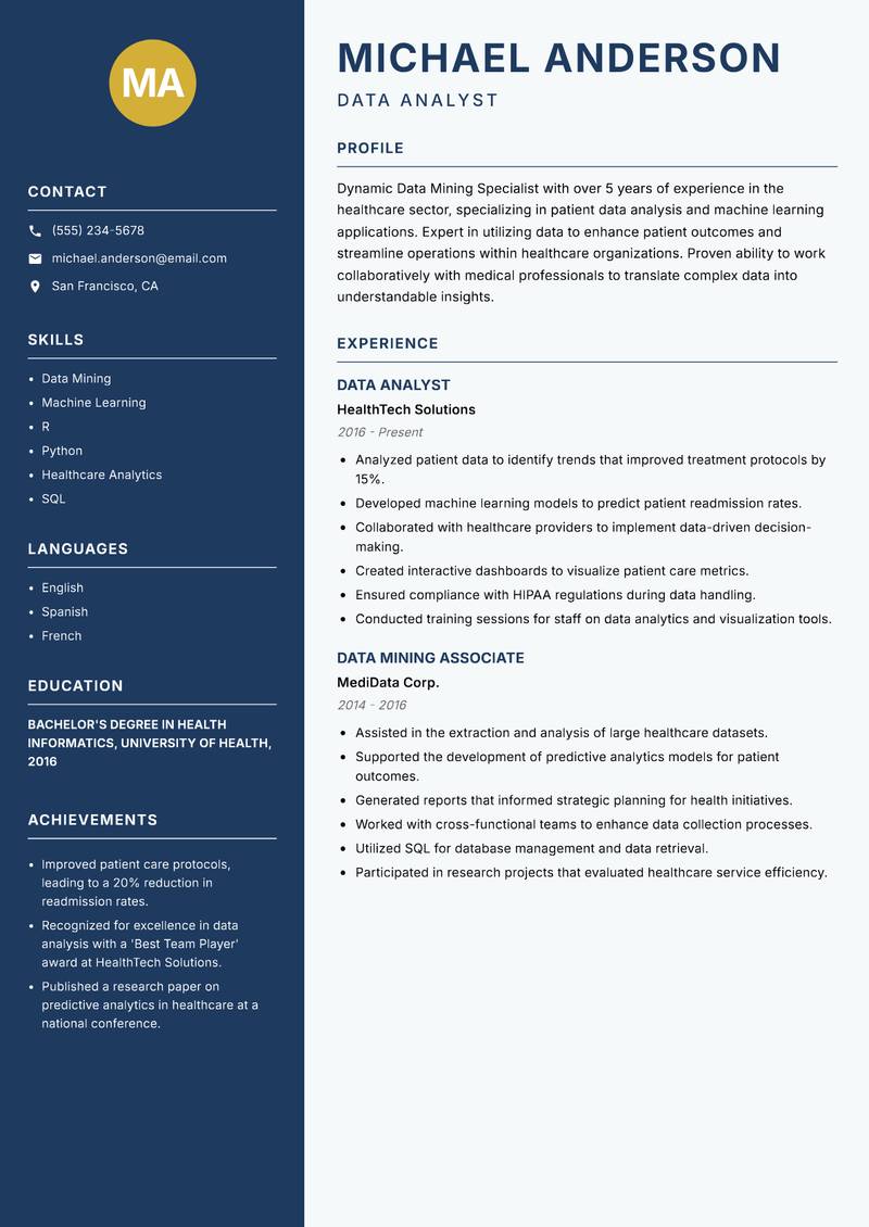Data Mining Specialist resume sample — Data Analyst focus