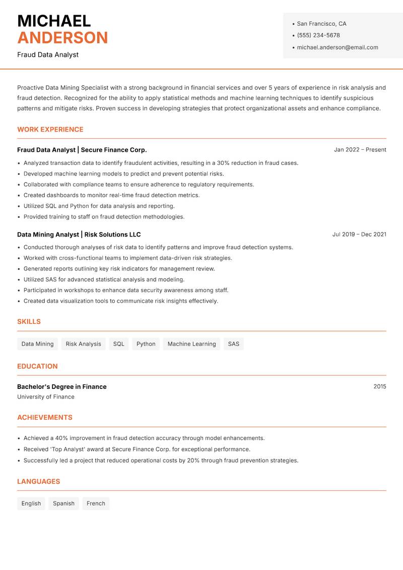Data Mining Specialist resume sample — Fraud Data Analyst focus
