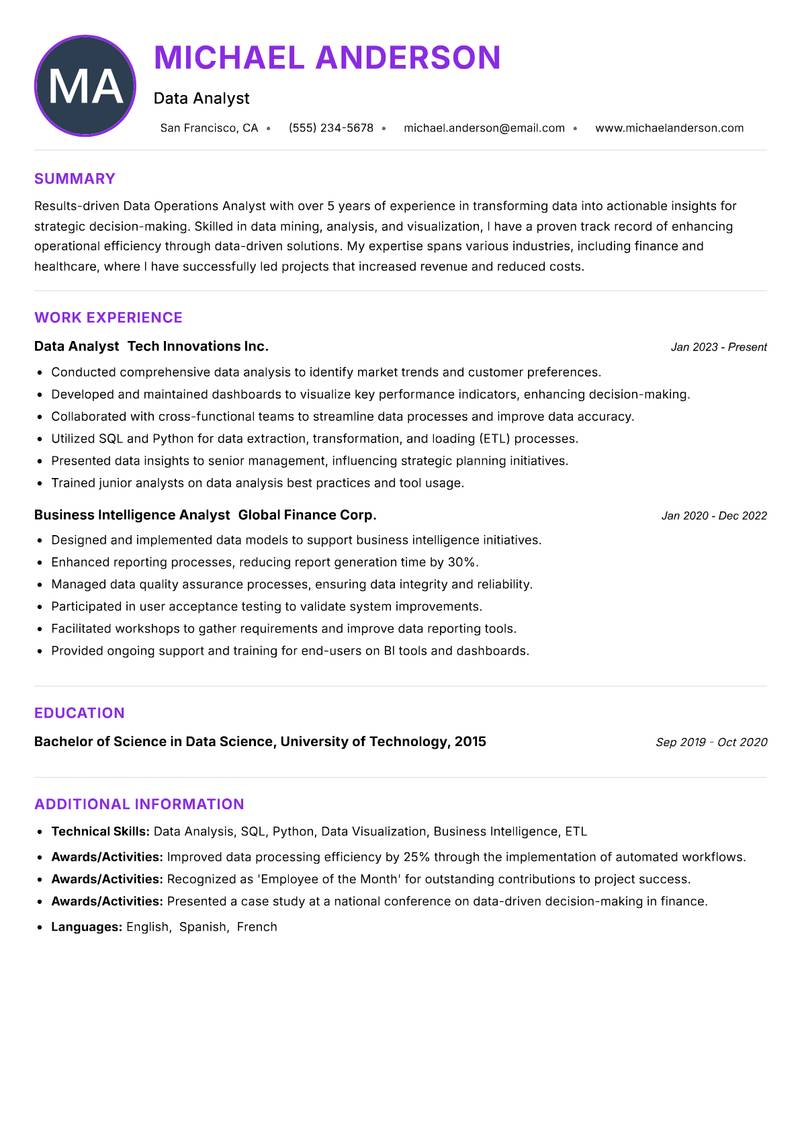 Data Operations Analyst resume example