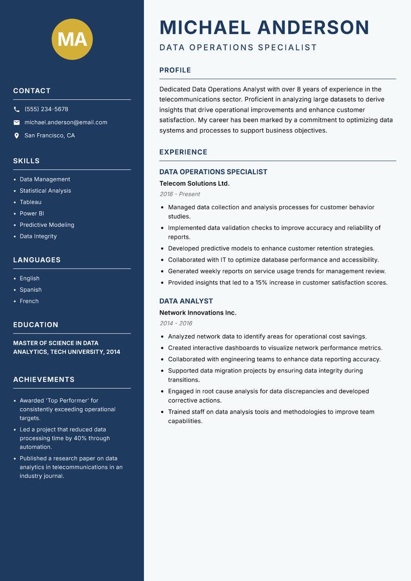 Data Operations Analyst resume sample — Data Operations Specialist focus