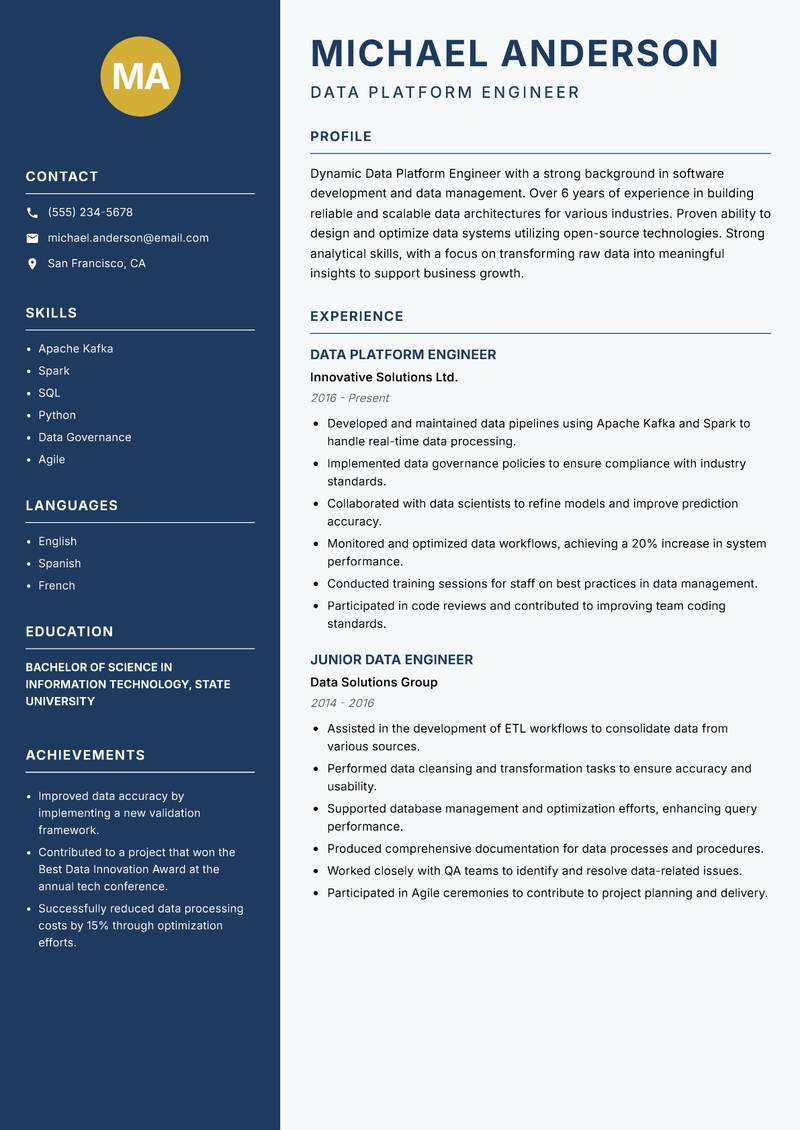 Data Platform Engineer resume sample — Data Platform Engineer focus