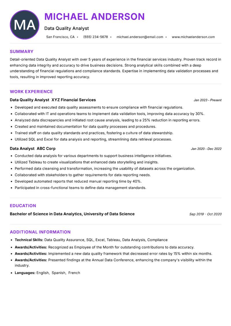 Data Quality Analyst resume example