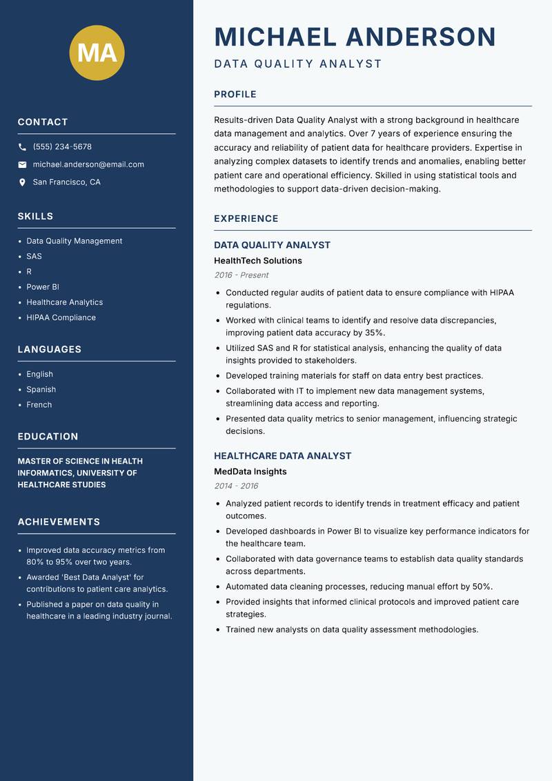 Data Quality Analyst resume sample — Data Quality Analyst focus