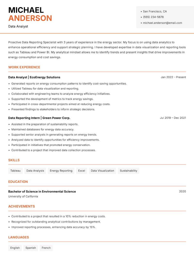 Data Reporting Specialist resume sample — Data Analyst focus