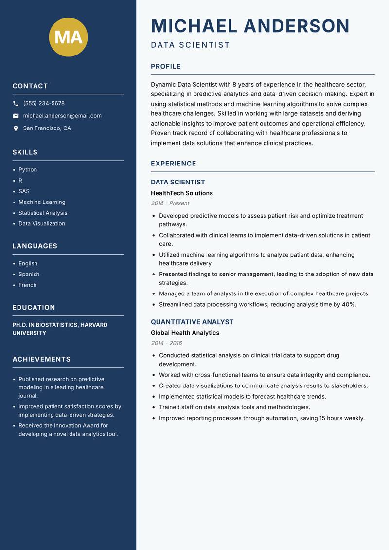 Data Scientist resume sample — Data Scientist focus