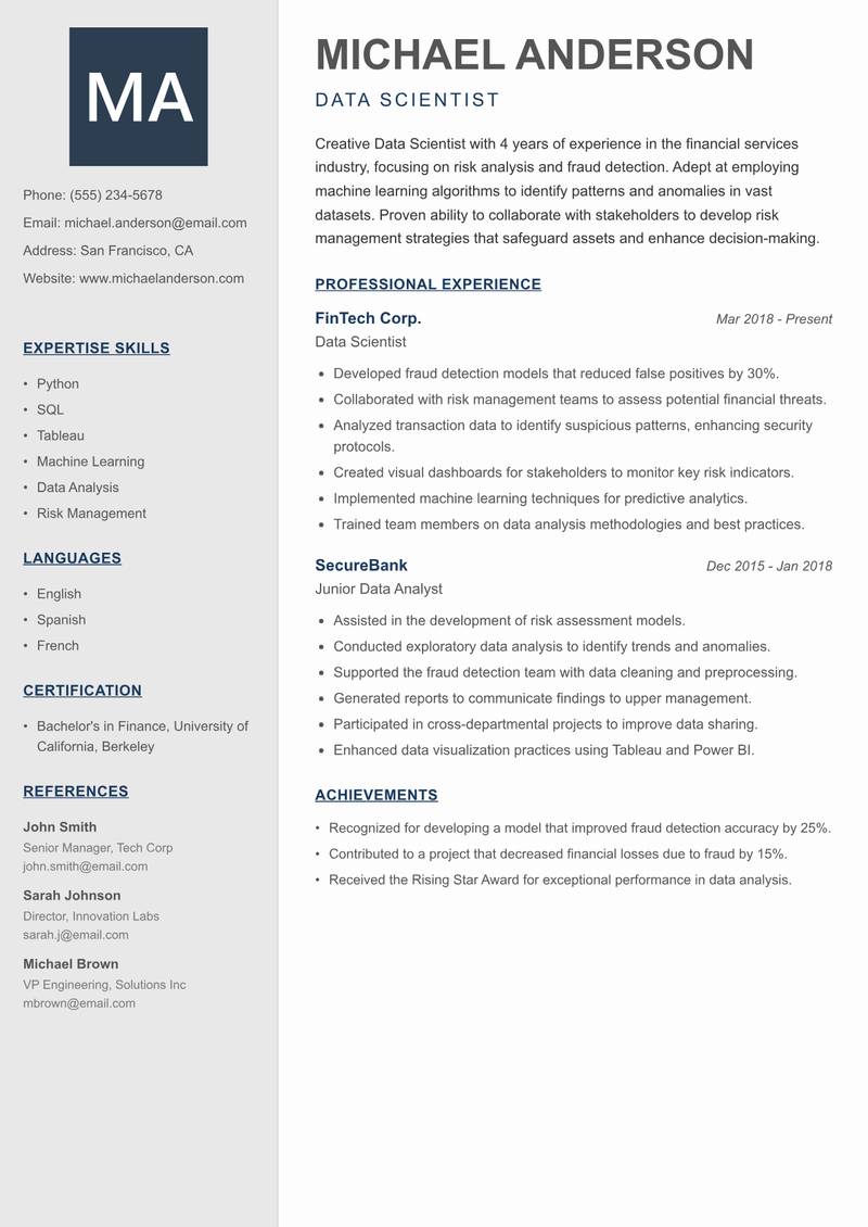 Data Scientist resume sample — Data Scientist focus