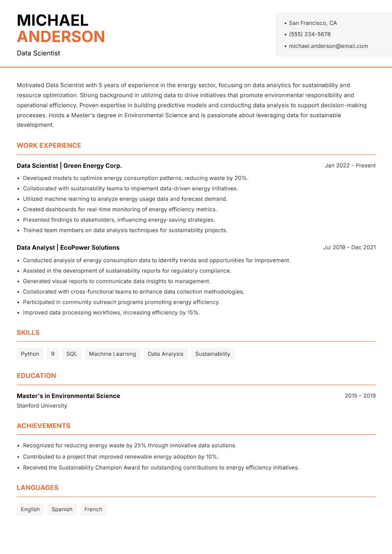 Data Scientist resume sample — Data Scientist focus