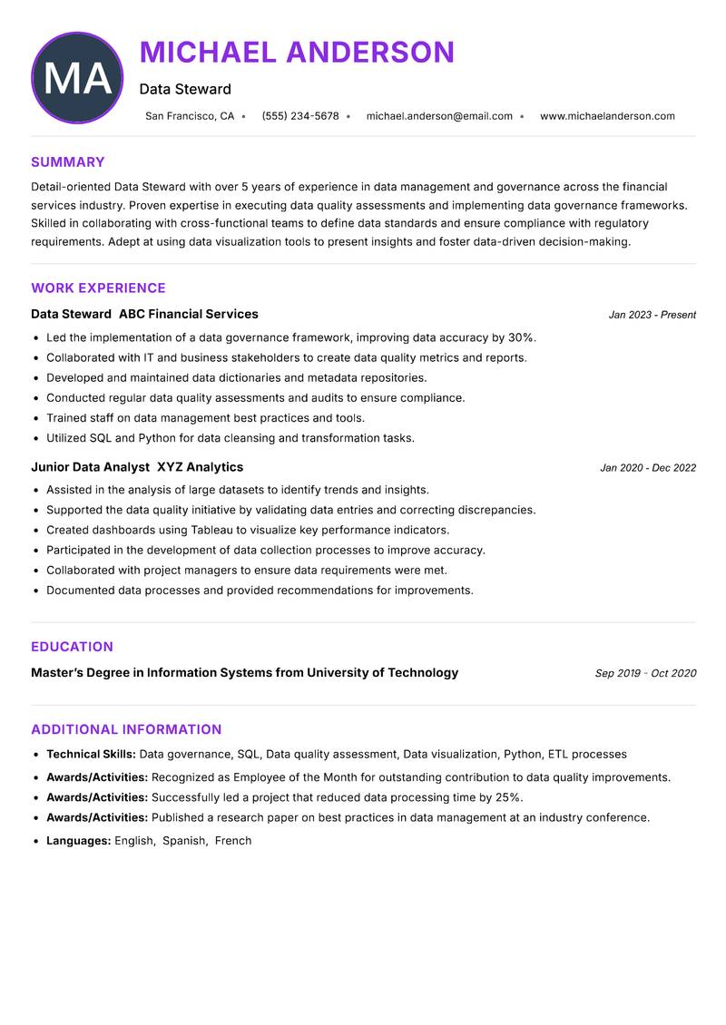 Data Steward resume example