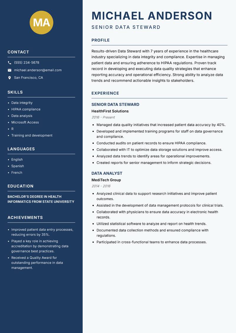 Data Steward resume sample — Senior Data Steward focus