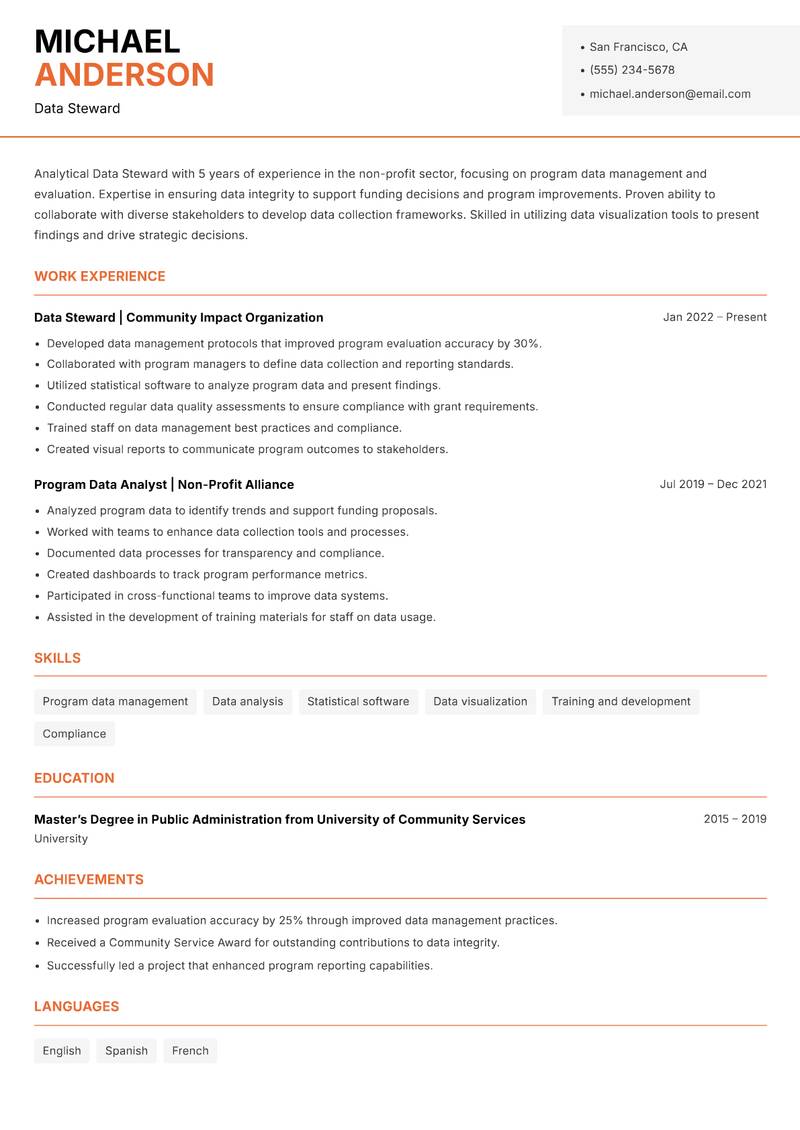 Data Steward resume sample — Data Steward focus