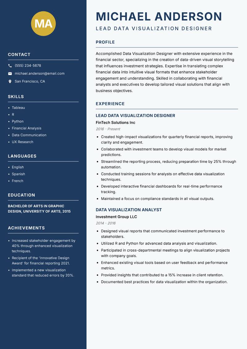 Data Visualization Designer resume sample — Lead Data Visualization Designer focus
