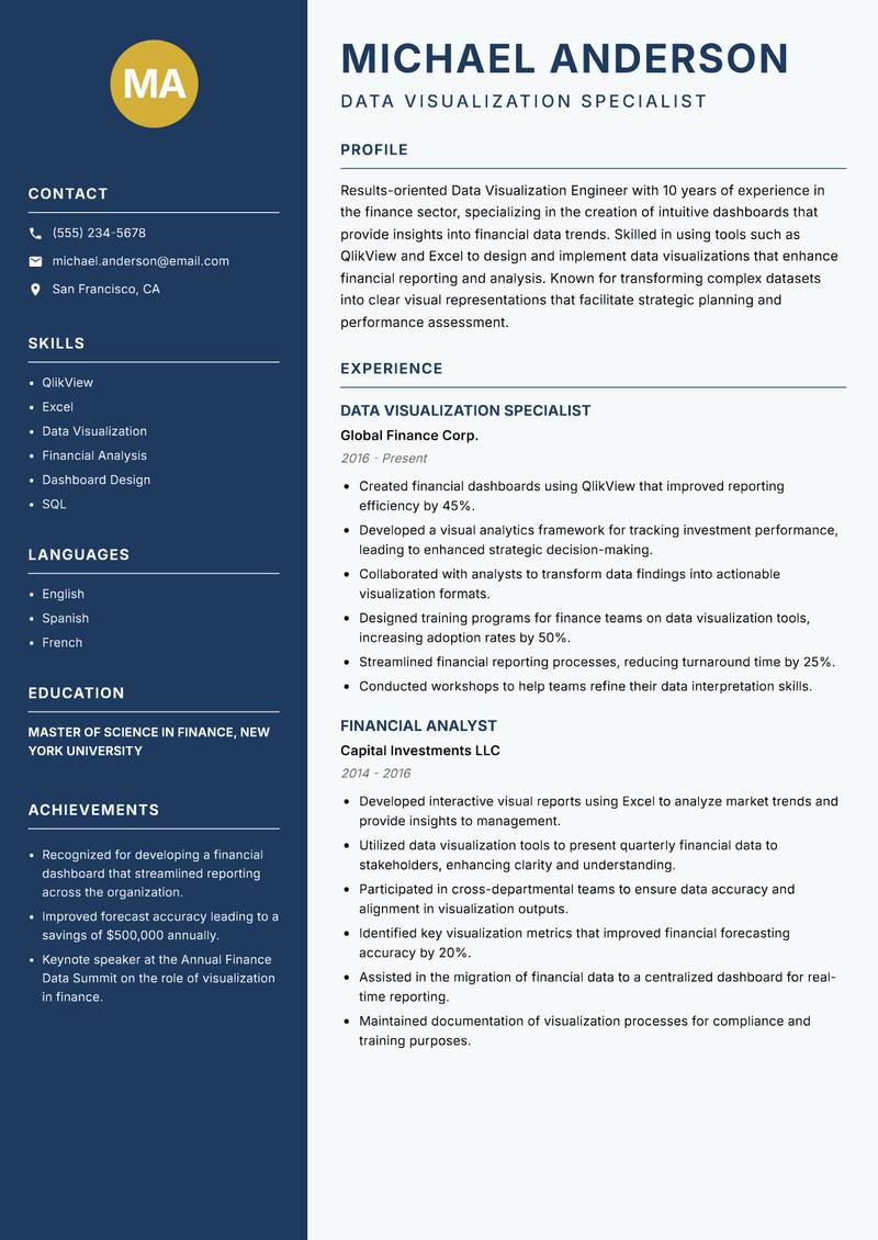Data Visualization Engineer resume sample — Data Visualization Specialist focus