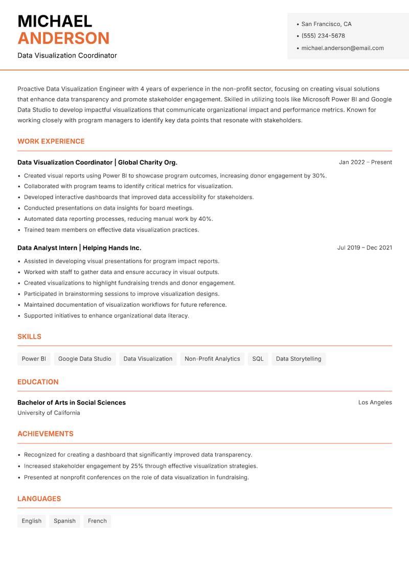 Data Visualization Engineer resume sample — Data Visualization Coordinator focus
