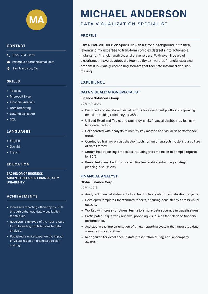 Data Visualization Specialist resume sample — Data Visualization Specialist focus