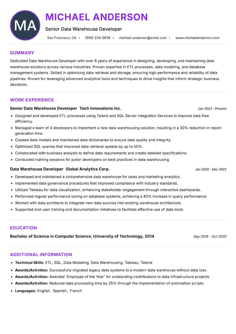 Data Warehouse Developer resume example