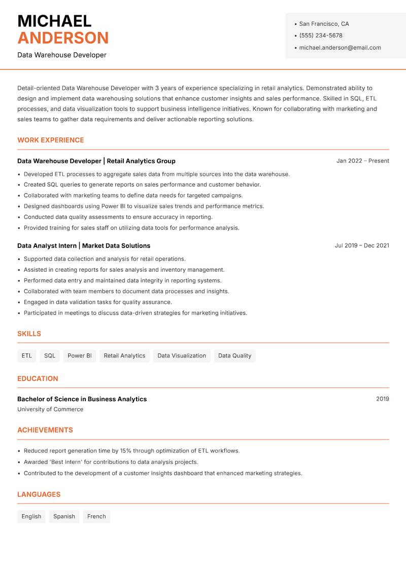 Data Warehouse Developer resume sample — Data Warehouse Developer focus