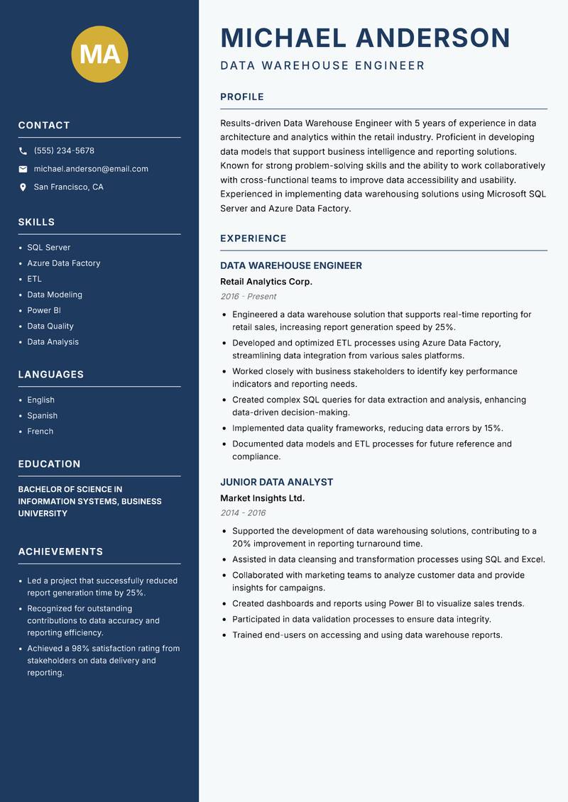 Data Warehouse Engineer resume sample — Data Warehouse Engineer focus
