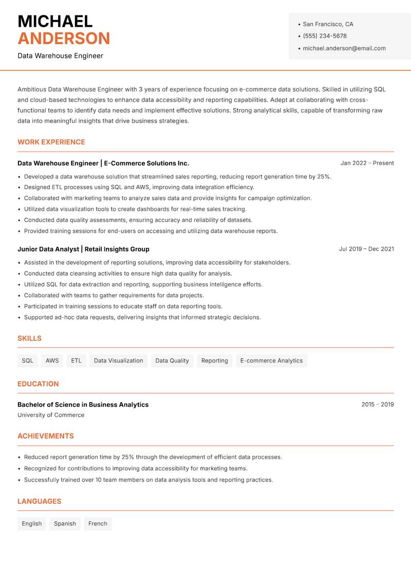 Data Warehouse Engineer resume sample — Data Warehouse Engineer focus