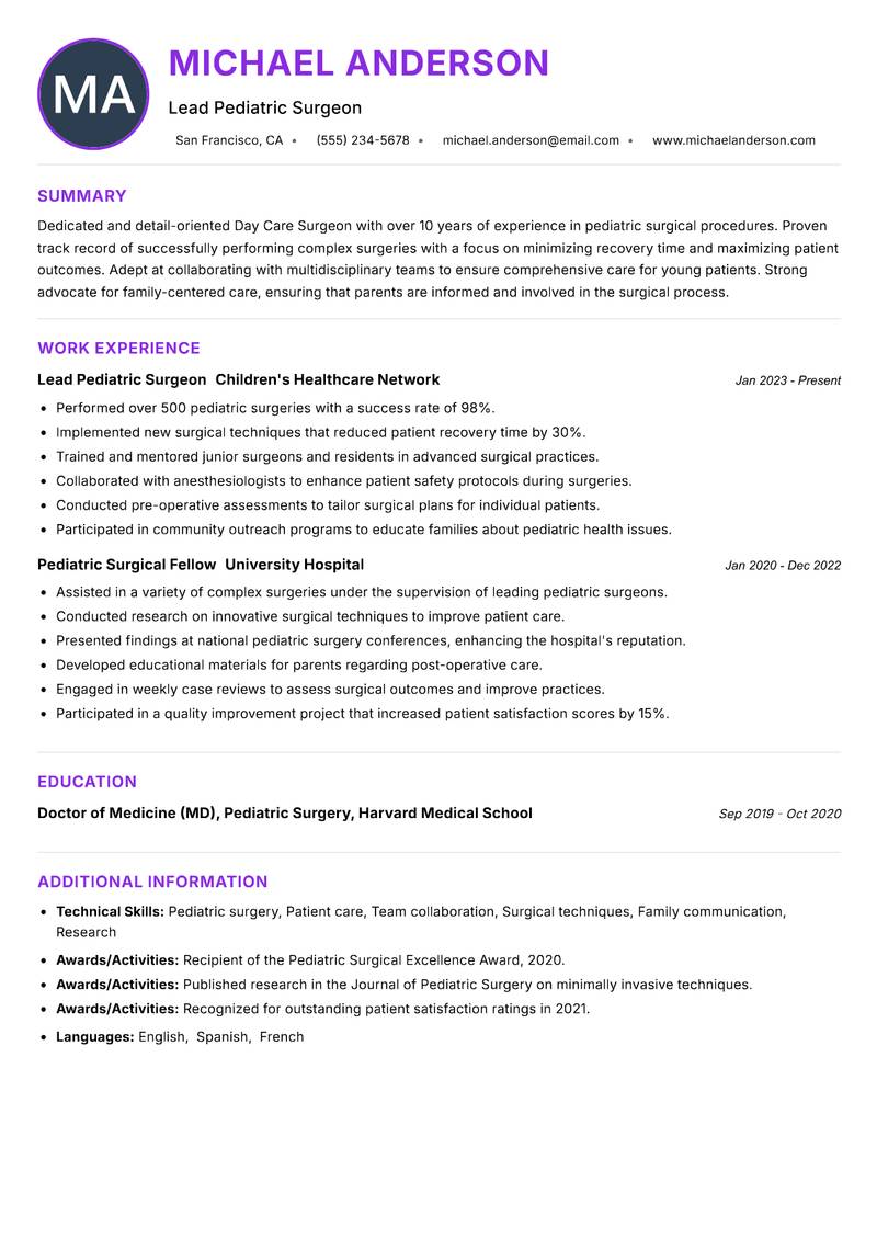 Day Care Surgeon resume example