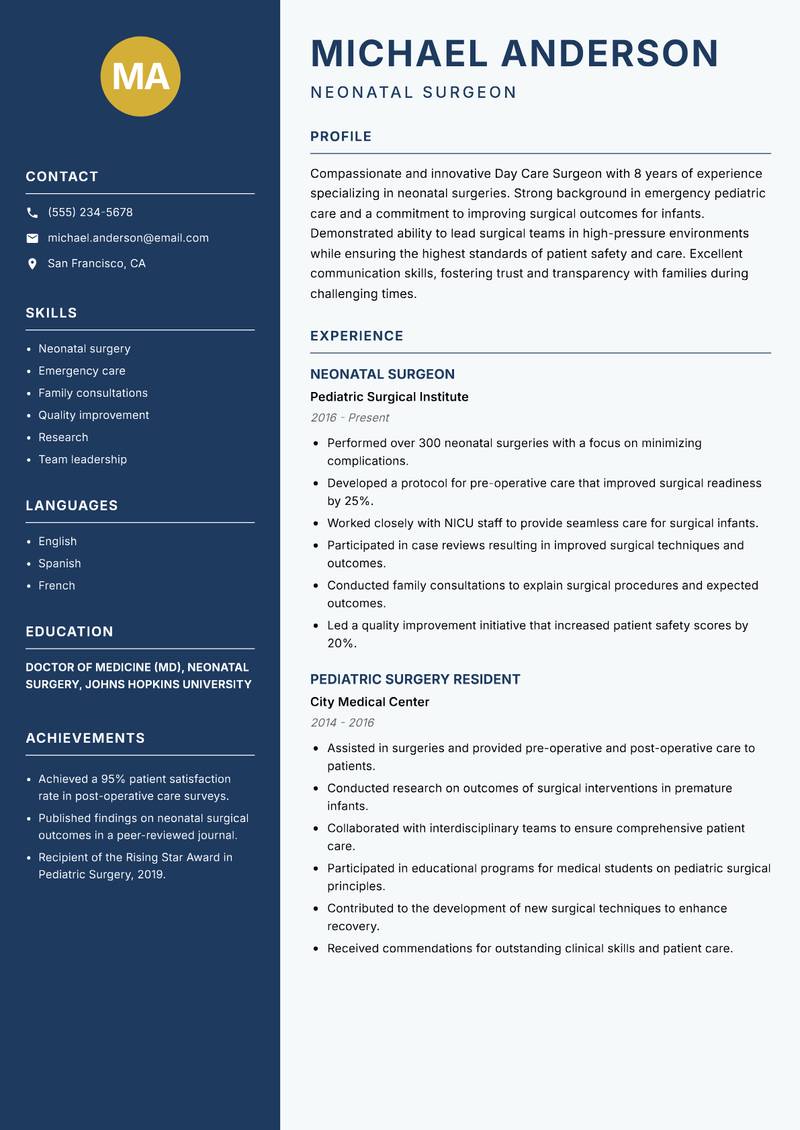 Day Care Surgeon resume sample — Neonatal Surgeon focus