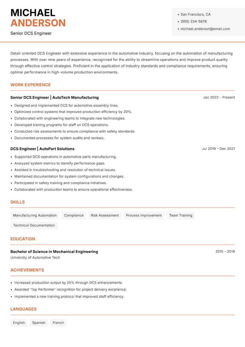 DCS Engineer resume sample — Senior DCS Engineer focus