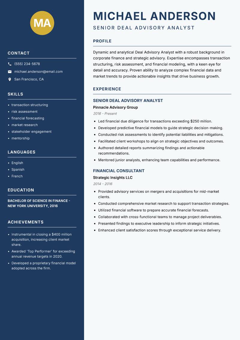 Deal Advisory Analyst resume sample — Senior Deal Advisory Analyst focus