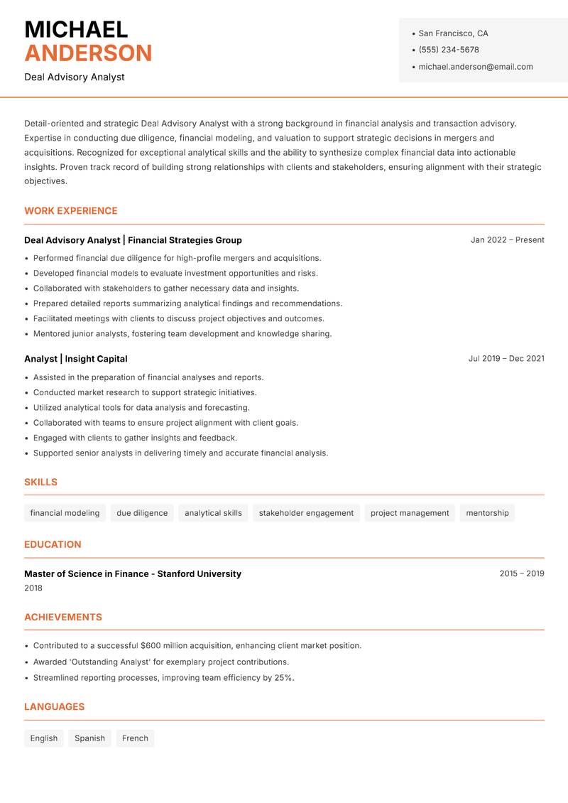 Deal Advisory Analyst resume sample — Deal Advisory Analyst focus