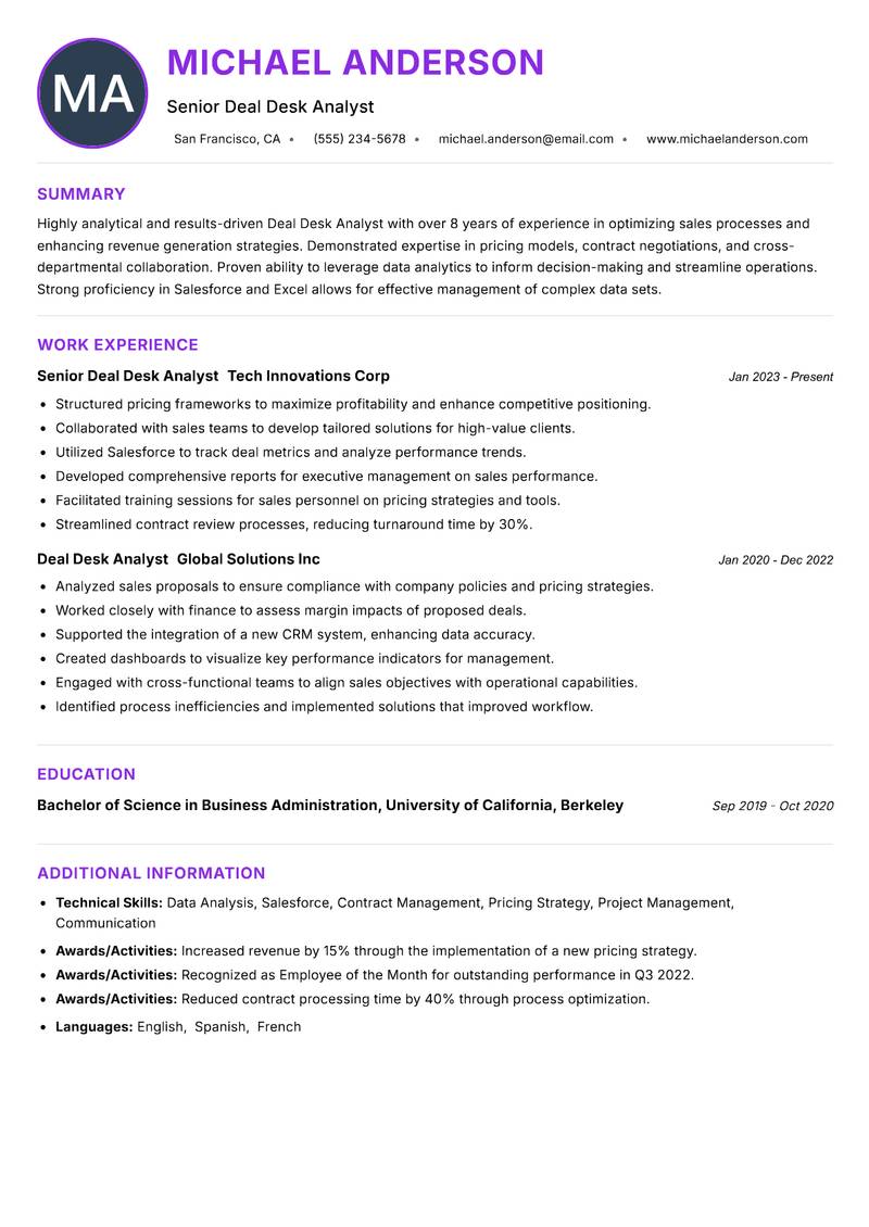 Deal Desk Analyst resume example