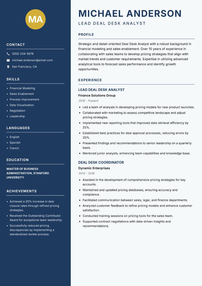 Deal Desk Analyst resume sample — Lead Deal Desk Analyst focus