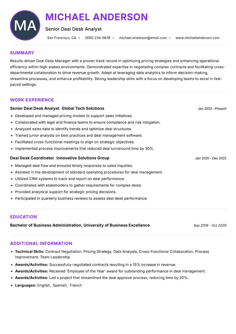 Deal Desk Manager resume example