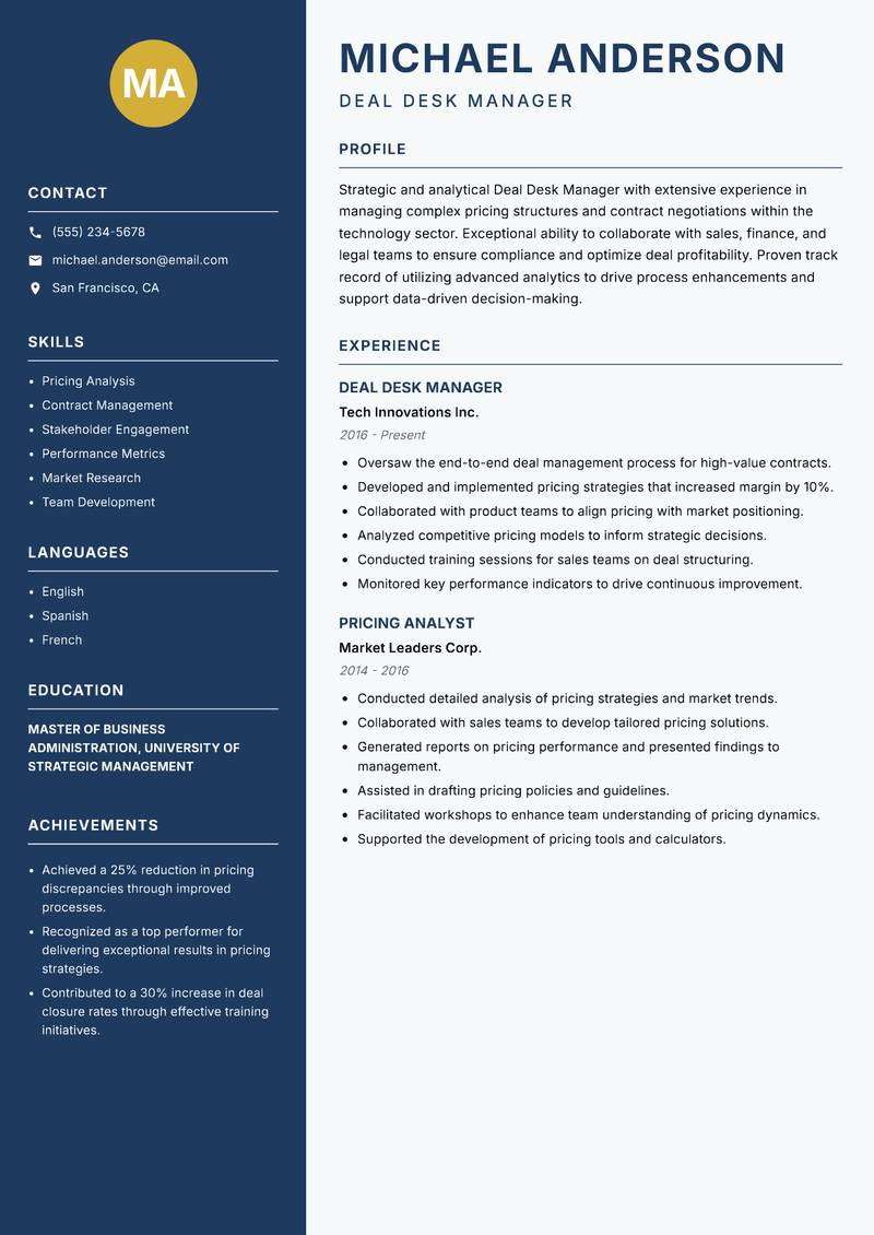 Deal Desk Manager resume sample — Deal Desk Manager focus