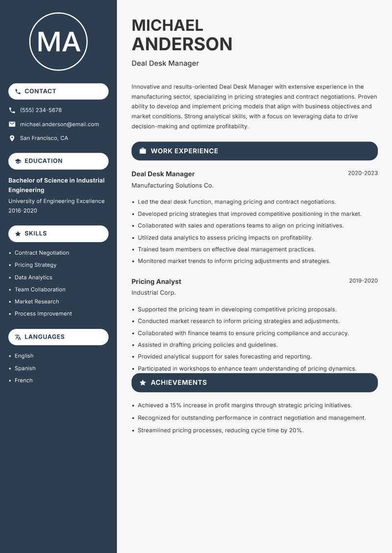 Deal Desk Manager resume sample — Deal Desk Manager focus