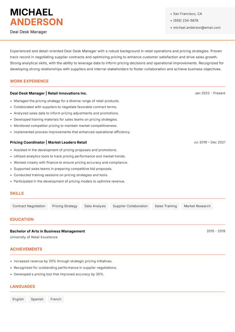 Deal Desk Manager resume sample — Deal Desk Manager focus