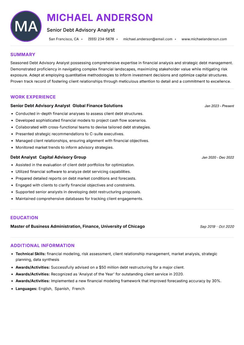 Debt Advisory Analyst resume example