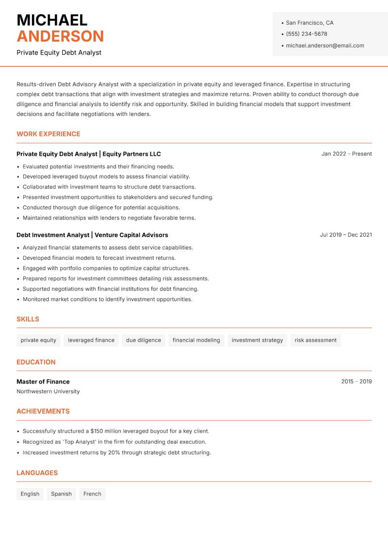 Debt Advisory Analyst resume sample — Private Equity Debt Analyst focus