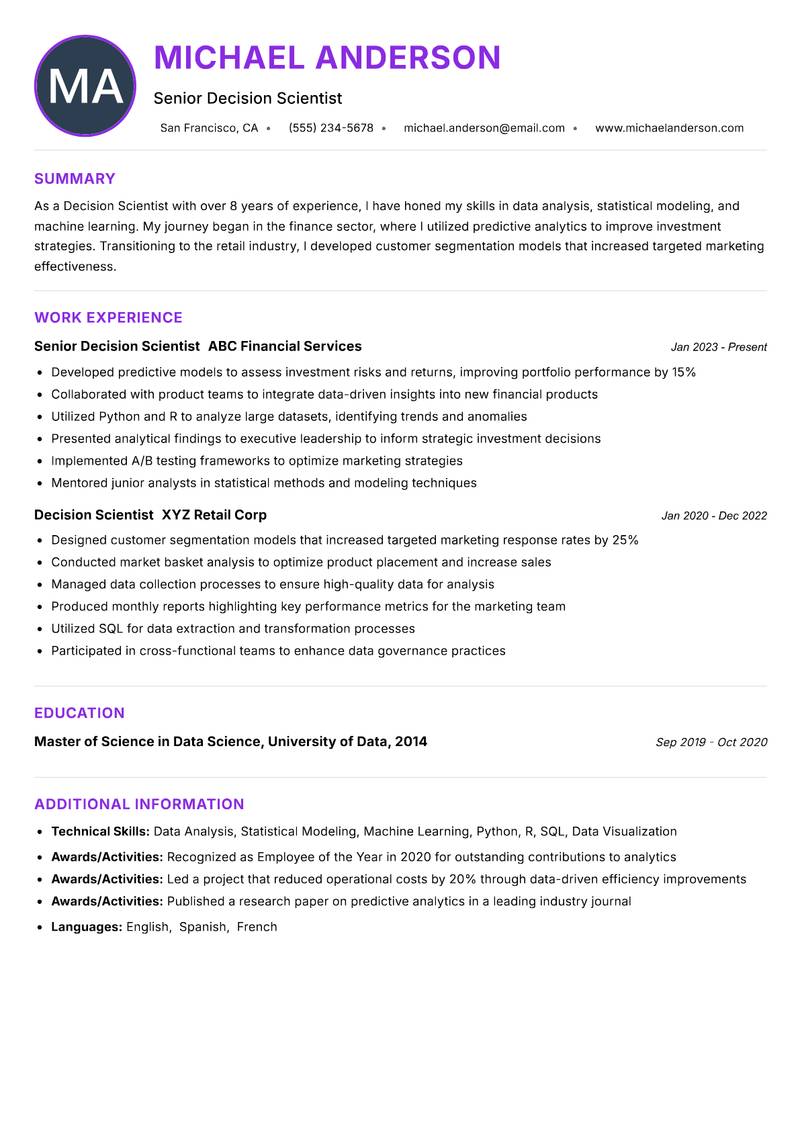 Decision Scientist resume example