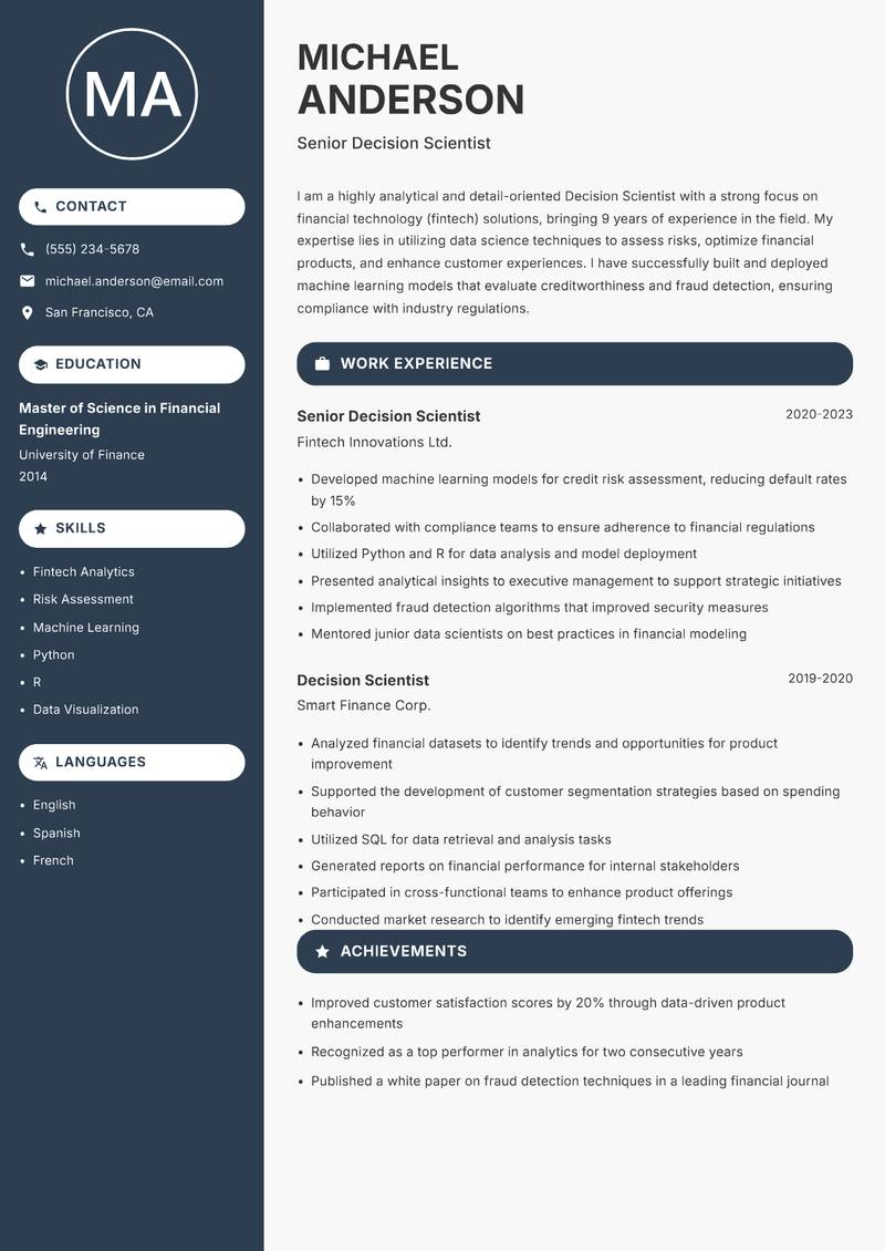 Decision Scientist resume sample — Senior Decision Scientist focus