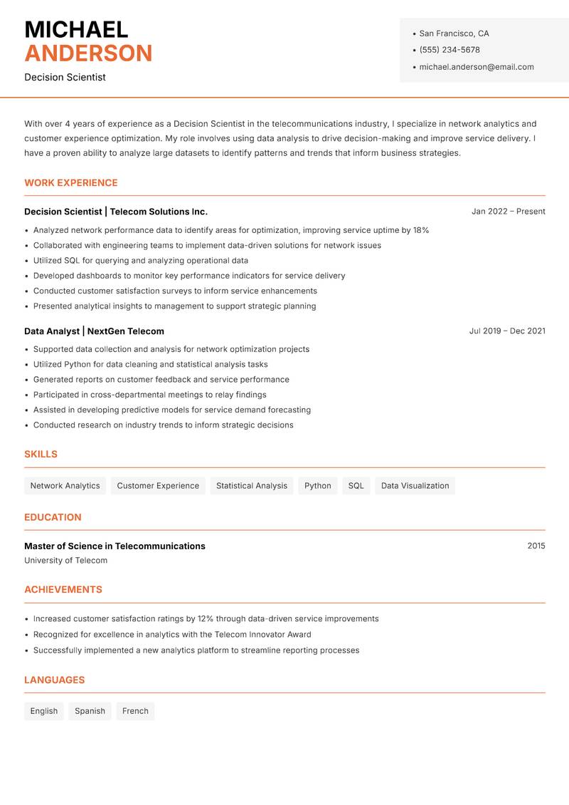 Decision Scientist resume sample — Decision Scientist focus
