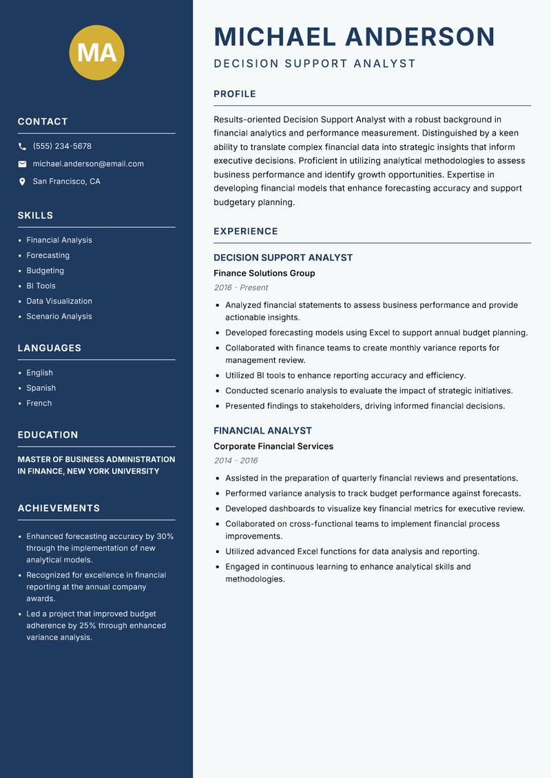 Decision Support Analyst resume sample — Decision Support Analyst focus
