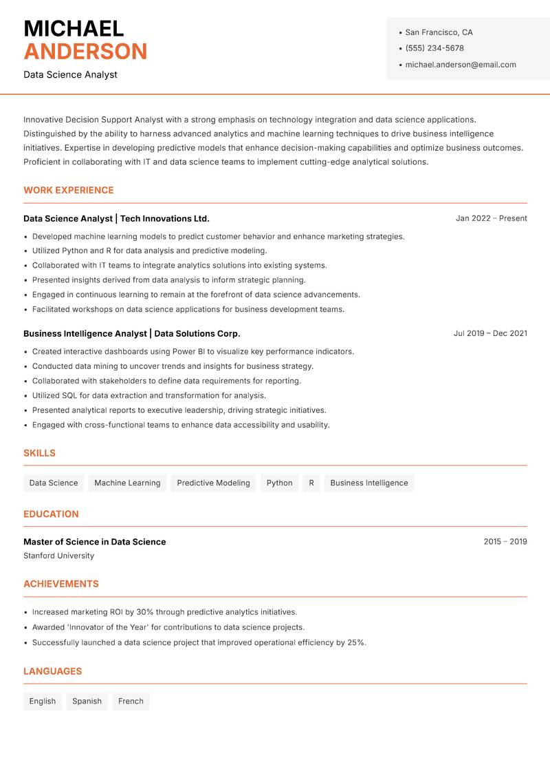 Decision Support Analyst resume sample — Data Science Analyst focus