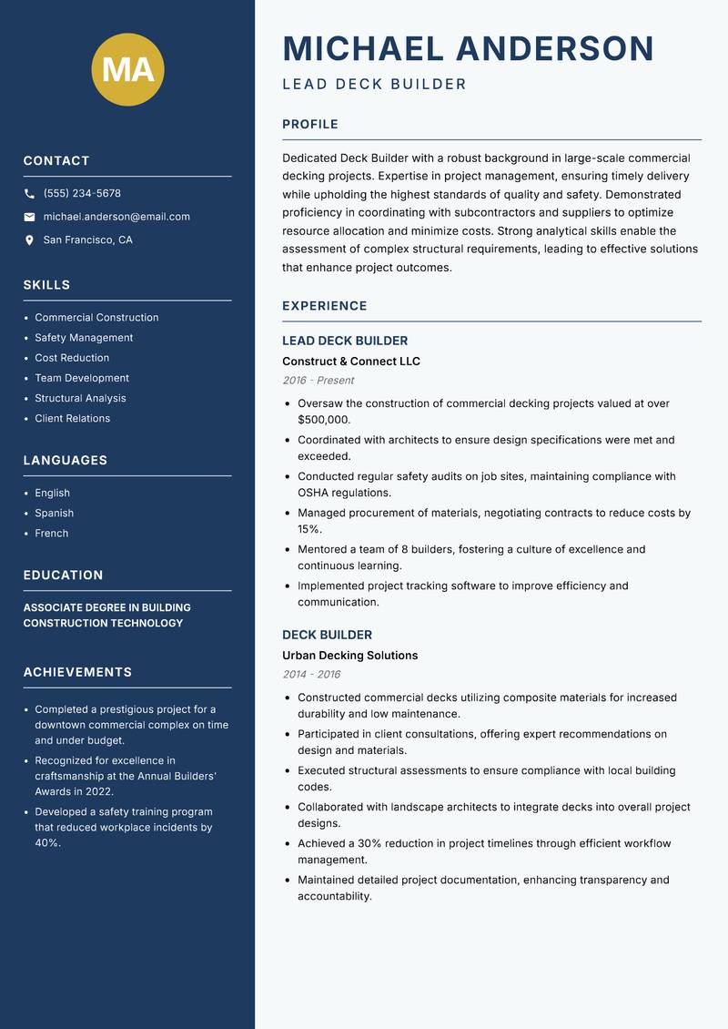 Deck Builder resume sample — Lead Deck Builder focus