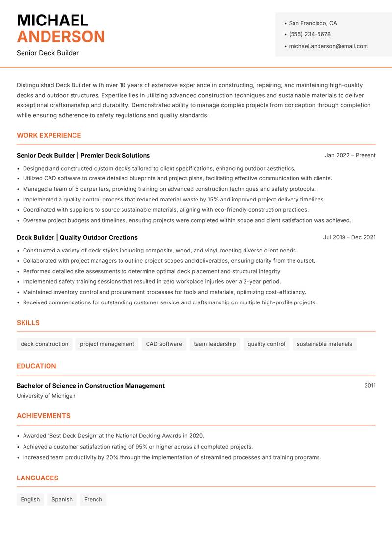 Deck Builder resume sample — Senior Deck Builder focus