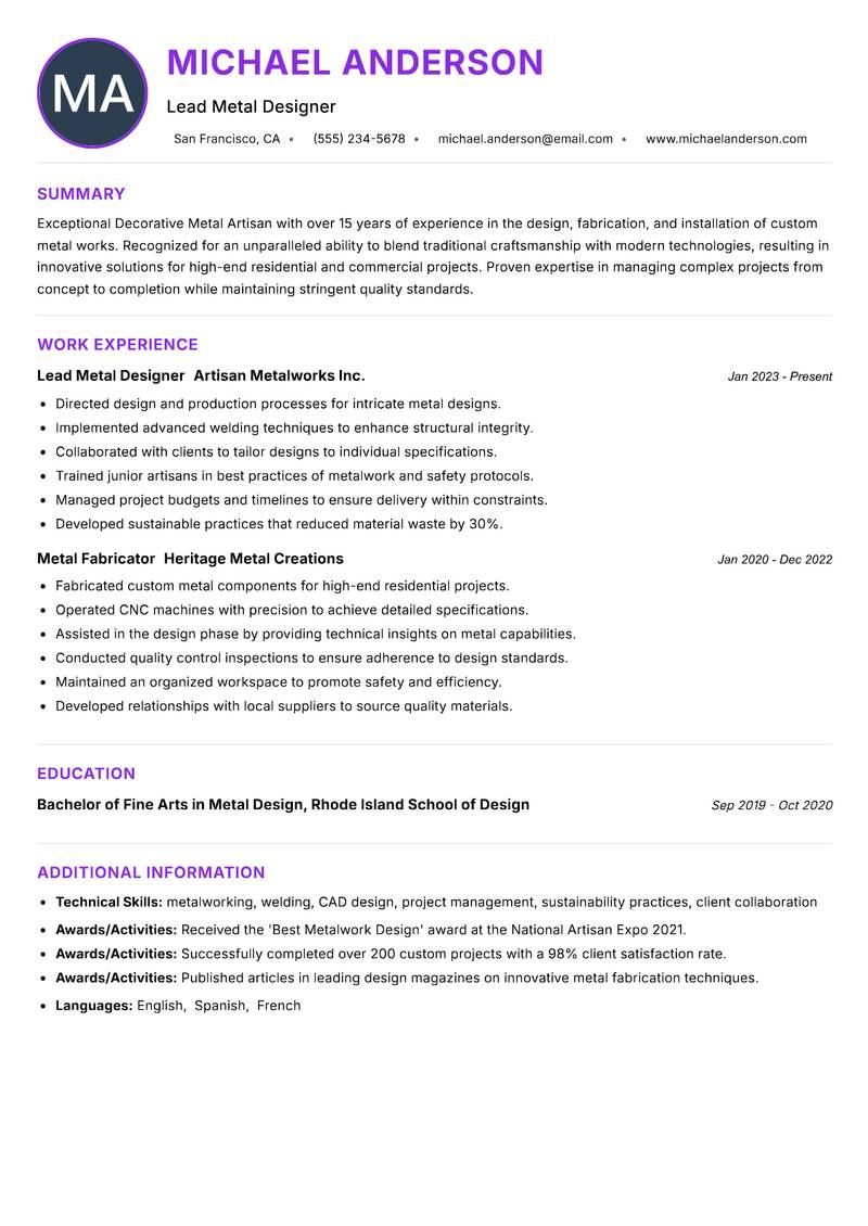 Decorative Metal Artisan resume example
