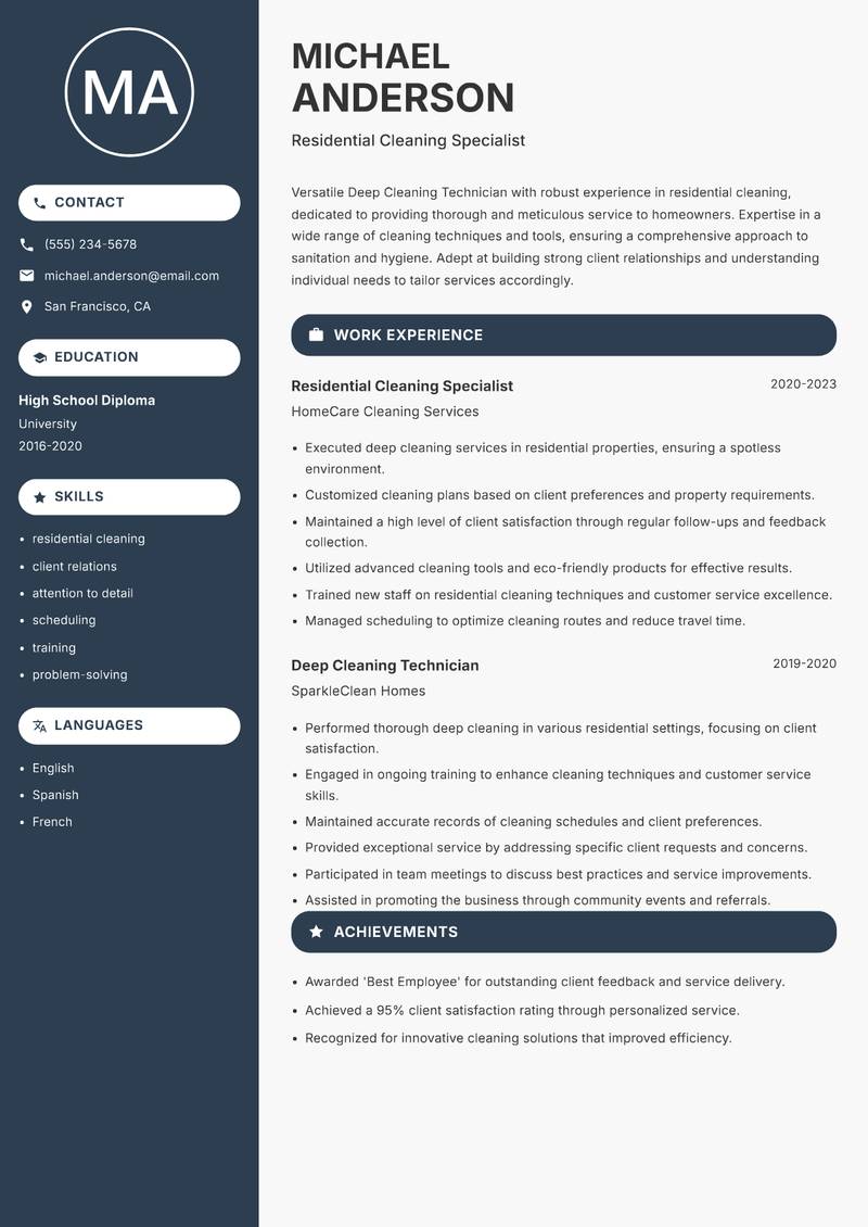 Deep Cleaning Technician resume sample — Residential Cleaning Specialist focus