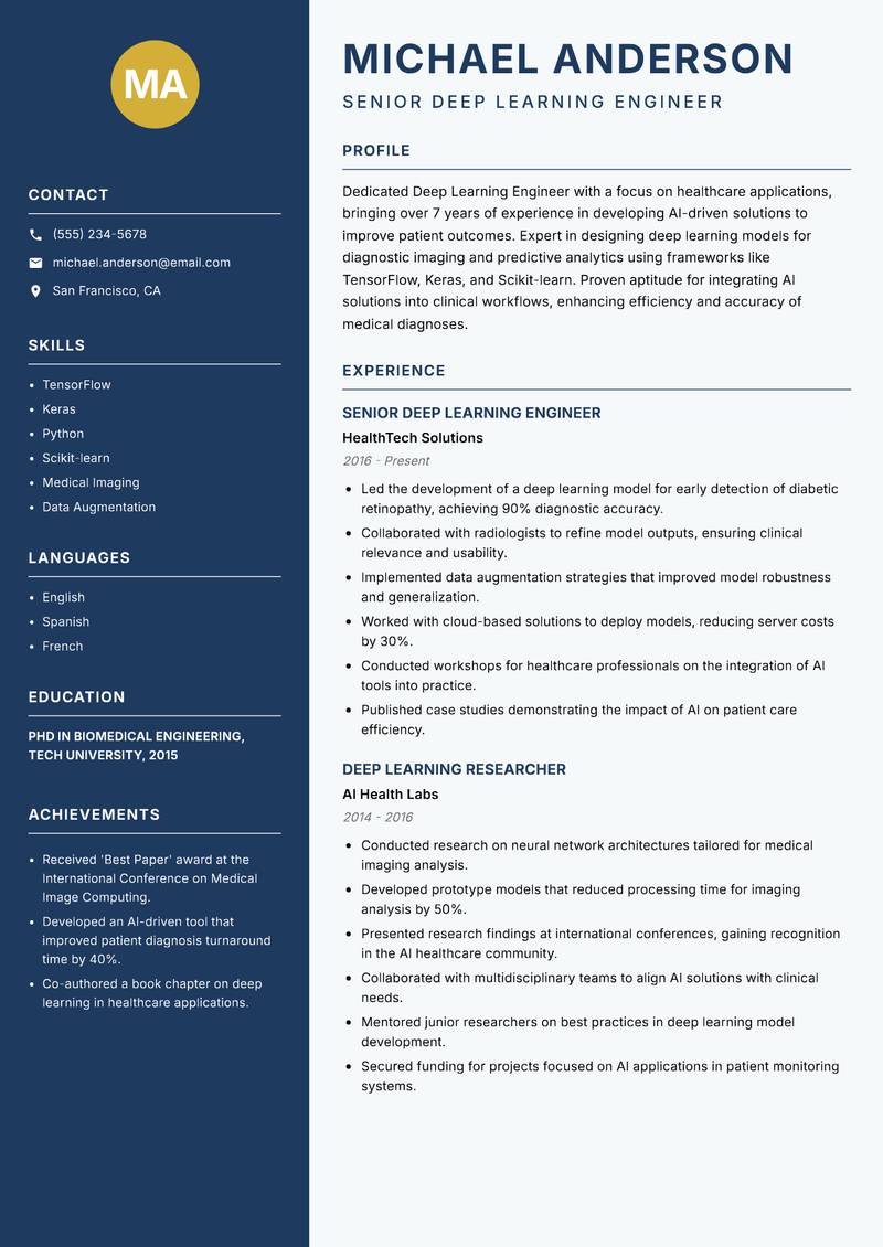 Deep Learning Engineer resume sample — Senior Deep Learning Engineer focus